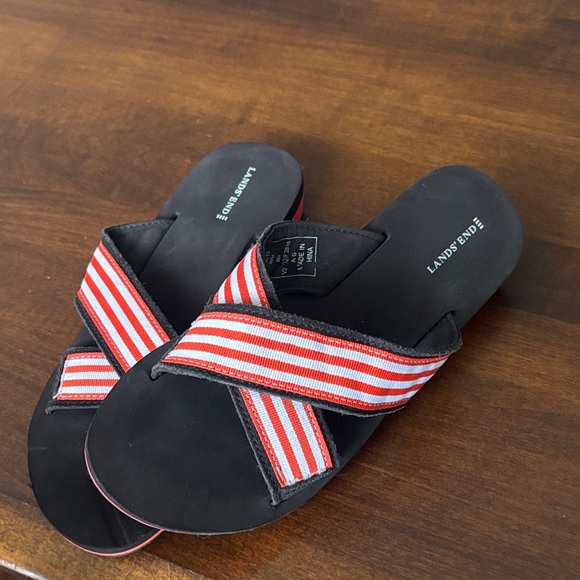 Lands' End Shoes - Lands' End Black Slide Sandals with Red & White Striped Cross Straps